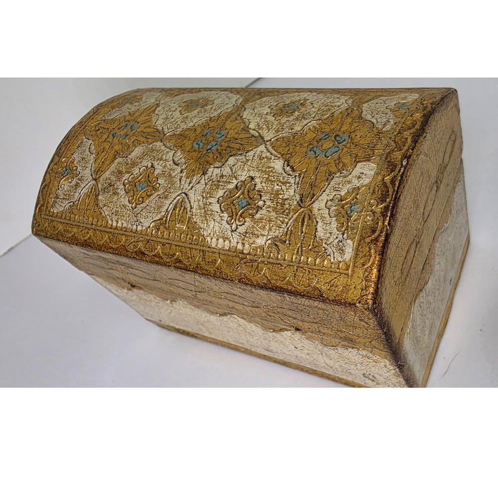 Vintage Florentine Italian Gilt Wood Jewelry Box Gold Leaf Domed Trinket Chest
